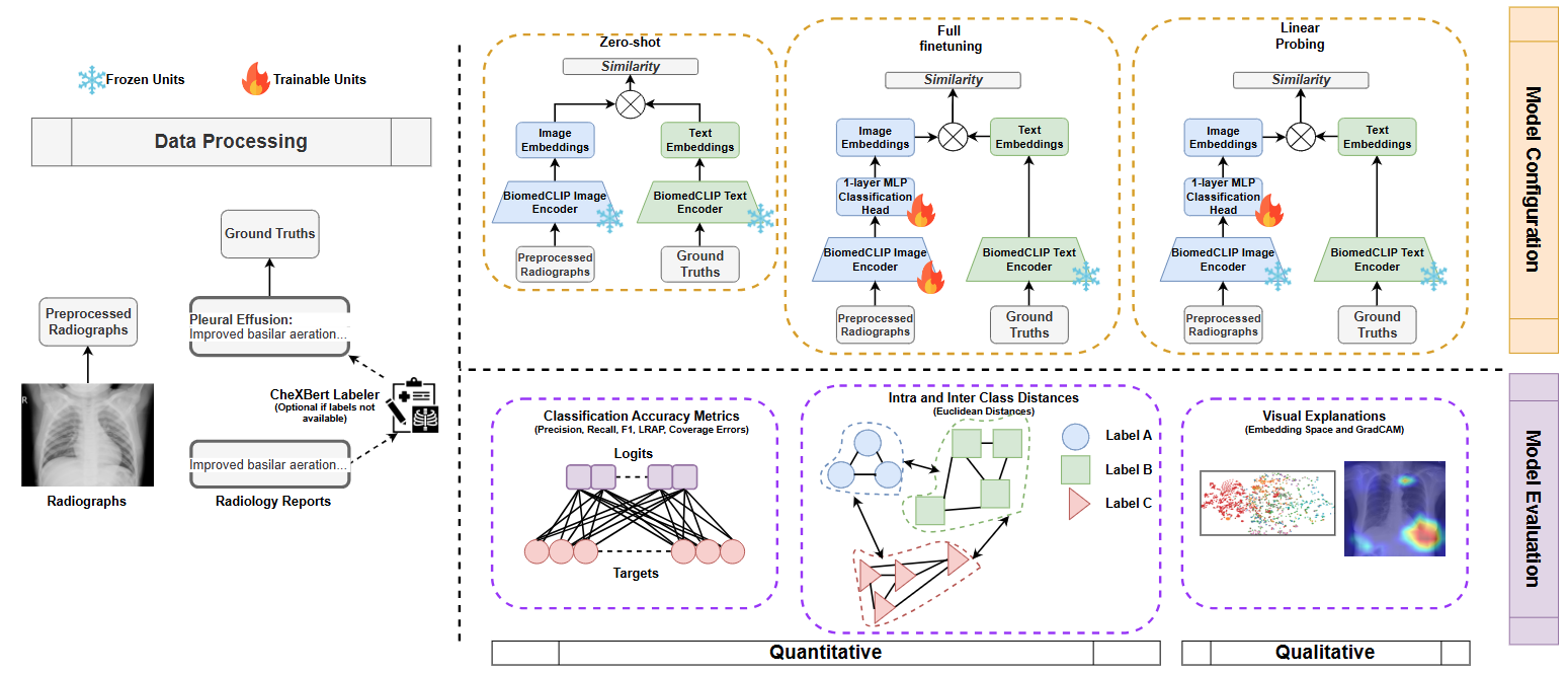 BiomedCLIP data-processing, model configuration, and evaluation diagram